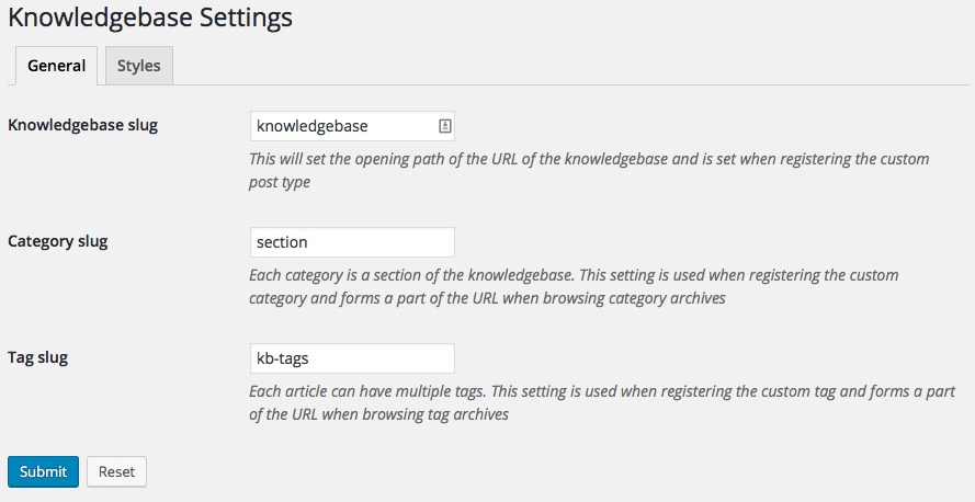 Knowledgebase - General settings