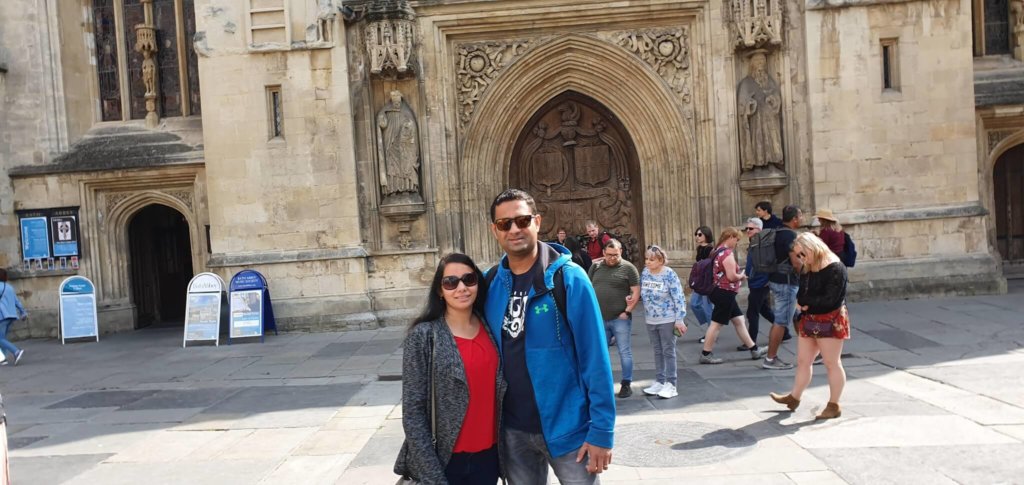 Seema and Rodney in front of Bath Abbey
